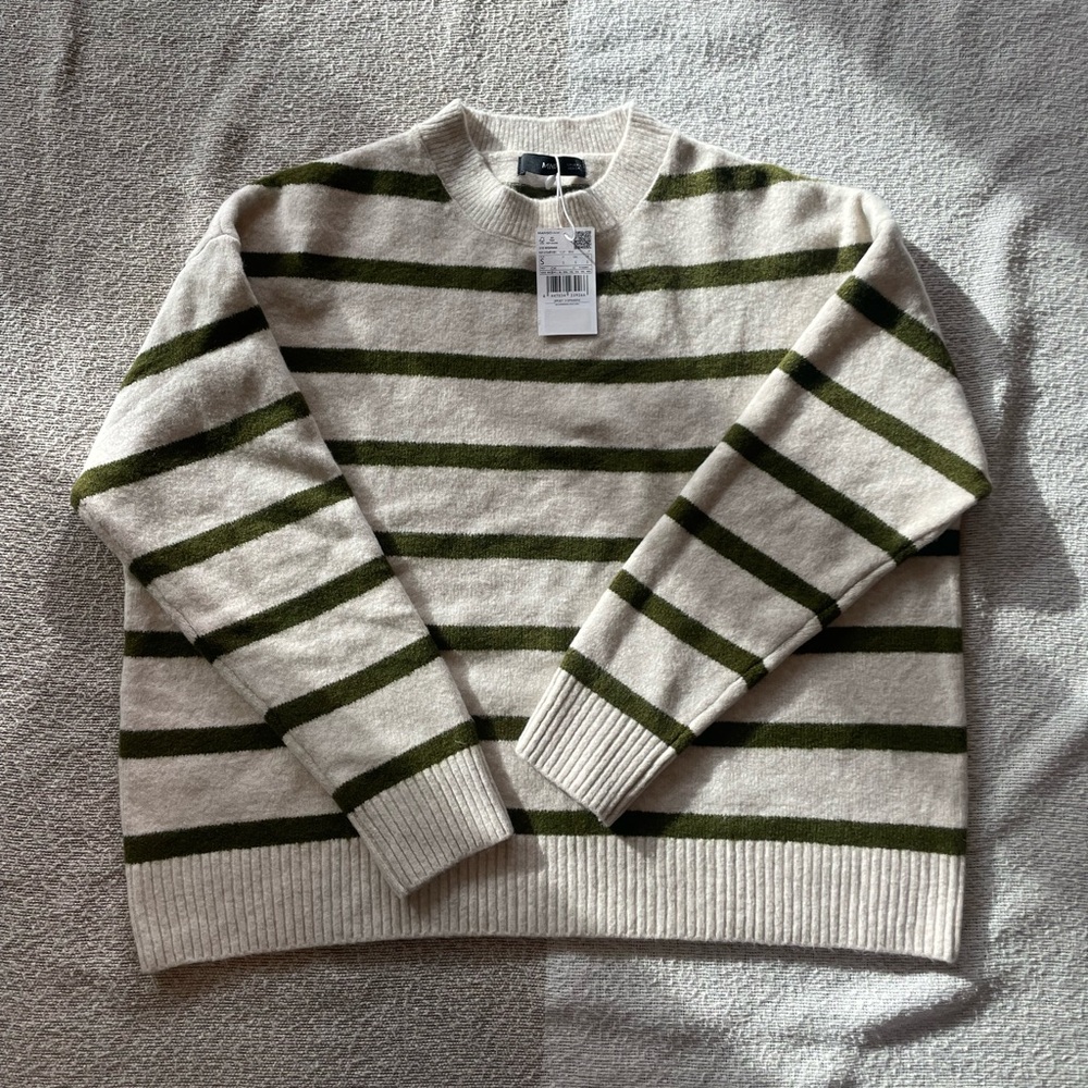 Mango Olive and Cream Striped Crewneck Sweater